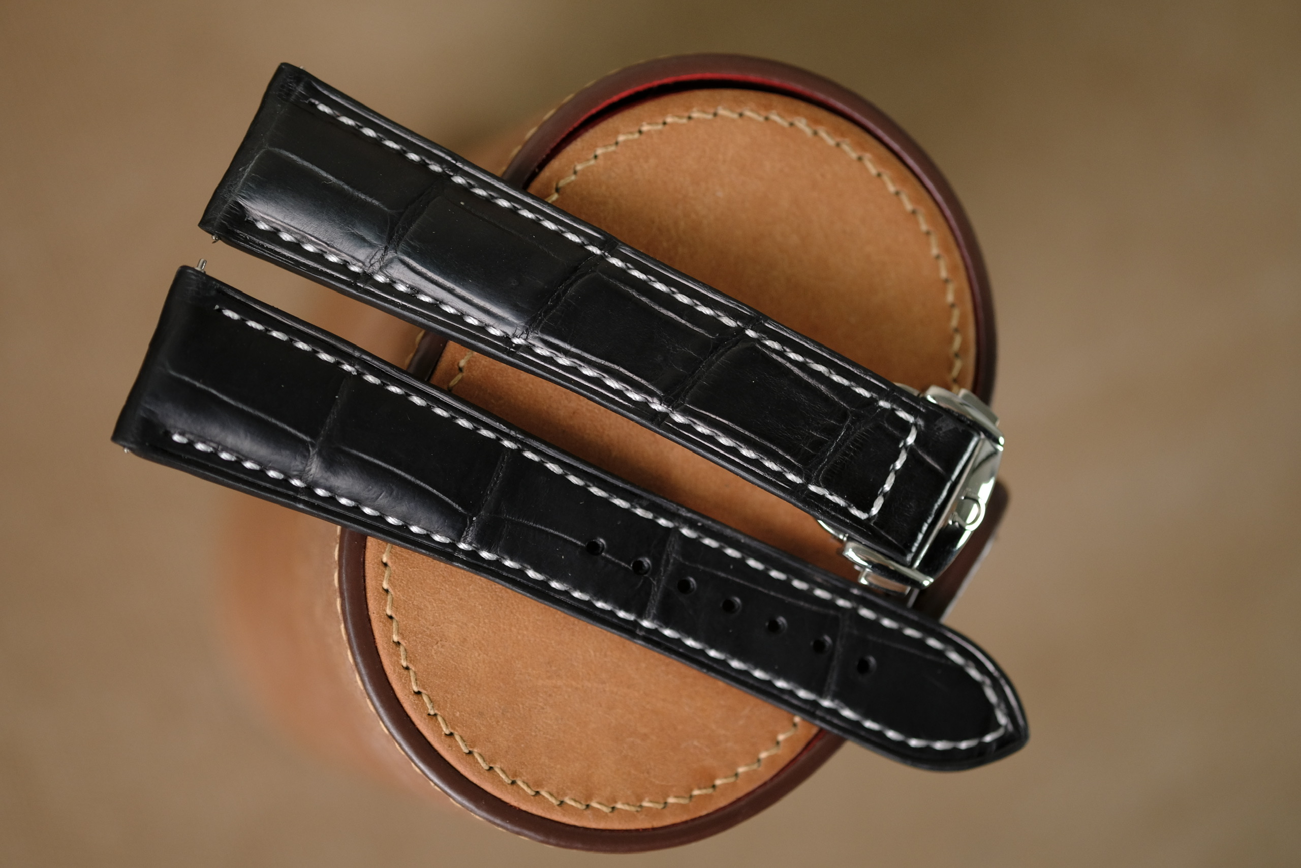 Handmade black strap for Omega with white stitching